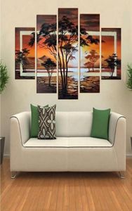 Huile peinte à la main Les arbres Paysage de lever de soleil africain peinture à l'huile sur toile art mural 5 pièces ensemble FZ00198502923239235