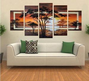 Huile peinte à la main Les arbres Paysage de lever de soleil africain peinture à l'huile sur toile art mural 5 pièces ensemble FZ00198502921787338