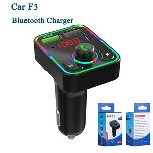 Chargeur mains libres F3 de voiture 3.1A Ports PD de charge rapide Transmetteur FM Récepteur audio Lumière arc-en-ciel colorée avec boîte de vente au détail Lecteur MP3 automatique