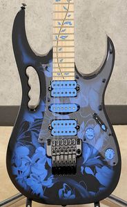 Trabajo hecho a mano BFP Patrón de flor azul Steve Vai 7V Guitarra eléctrica 5PC Cuello Árbol de la vida incrustación Floyd Rose Tremolo Tuerca de bloqueo Blac4536304