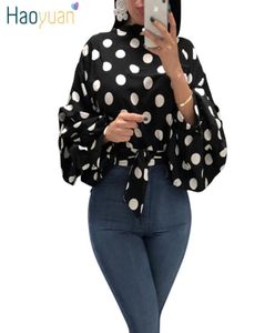 Haoyuan Polka Polka Plus Size Womens Tops y blusas Túnica Vintage Bow Manga larga Camisas Sexy Blouse Casual Ladies Tops J198320114