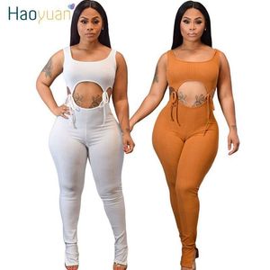 HAOYUAN Sexy Hollow Out Lace Up Rompers Womens Jumpsuit Summer Body Clothes One Piece Club Outfits Sin mangas Bodycon Overoles T200509