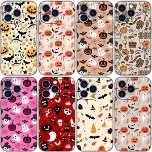 Happy Halloween Soft TPU Cases pour iPhone 15 Plus 14 Pro Max 13 12 11 XR XS X 8 7 6 Imprimer Crâne Ghost Lover Pumpkin Lantern Black Fashion Mobile Phone Back Cover Skin