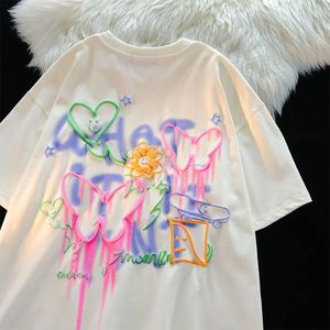 Harajuku Papillon Fleur Peinture Enfantine T-shirts Étudiants Filles Kawaii Tees Pur Coton Été Y2K Tops Mode Coréenne 240325