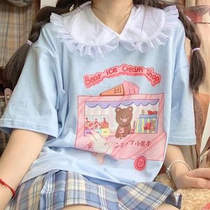 Harajuku lindo oso helado dibujos animados Casual suelta Tops Ulzzang japonés Jk Vintage divertido dulce chicas conejo mujer Camiseta de algodón