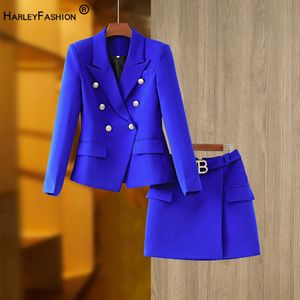 HarleyFashion magnifique Design femmes 2 pièces Blazer costumes couleur unie été bleu jupe Twin ensembles Mini vêtements de rue pour dame 240202