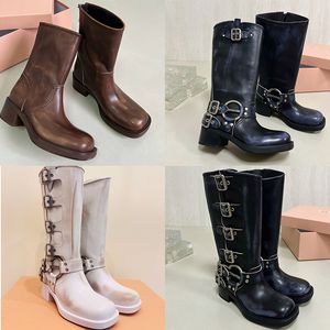 Harnais ceinture bottes à boucles en cuir de vachette motard genou talon épais zip bottes de chevalier mode bout carré bottines pour femmes chaussures de créateur chaussures d'usine