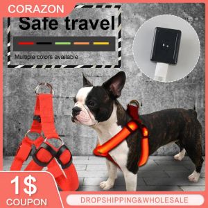 Arneses USB Nylon Seguridad para mascotas Arnés LED Producto para perros Arnés con luz intermitente Arnés para perros LED Correa Cuerda Cinturón LED Collar para perros Chaleco