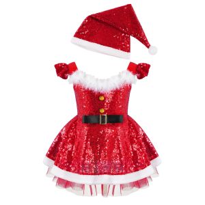 Chapeaux Kids Girls Elf Christmas Costume Shiny Sequins Robe en fausse fourrure avec Santa Clause Hat Noël
