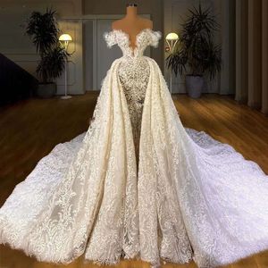 Haute Couture 2022 robe de mode avec traîne détachable luxueux arabe dubaï dentelle perles robes de mariée robes de mariée BES121