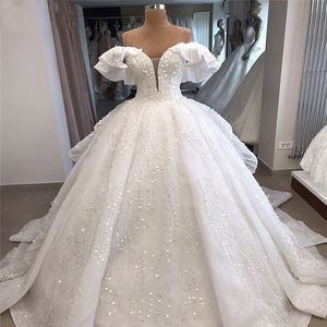 Robe de mariée princesse Haute Couture, épaules dénudées, manches bouffantes, cristal, robes de mariée formelles sur mesure