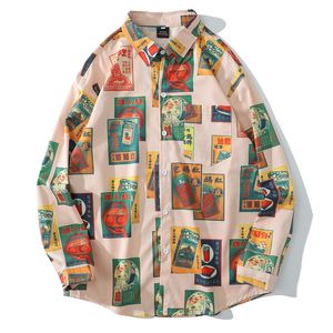 Chemises de plage hawaïennes Harajuku Vintage Poster Print manches longues Aloha Party Holiday Shirt Mens Casual Button Down Tops