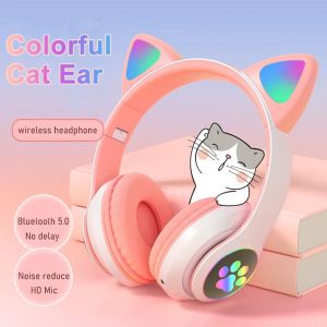 Auriculares/Auriculares Lindos Orejas de Gato Auriculares Bluetooth Inalámbricos para Juegos con Luz LED Intermitente Rosa Estéreo Música Auricular para Niños Niñas Regalo