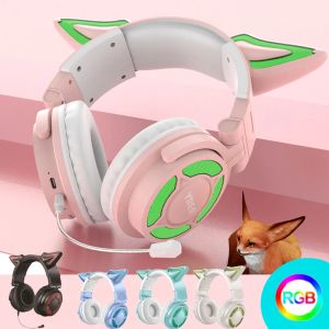 Casque RGB Cat Ear Casque sans fil Bluetooth 5.3 Casque avec microphone ENC détachable HiFi Stéréo Musique Jeu Casque Meilleur Cadeau