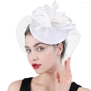 Tocados Hermosa malla blanca Tocados de boda Novia Mariage Chapeau Cap Sinamay Mujeres Velos Fascinator Sombrero Horquilla para el cabello Señoras Tocado