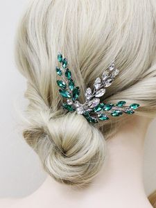 Tocados Bohemio Esmeralda Verde Horquillas para el cabello Hecho a mano Rhinestone Mujeres Niñas Accesorios de boda para tocado nupcial