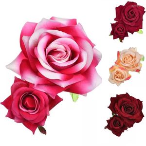 Tocados E15E terciopelo hecho a mano doble Rosa flor pinza de pelo mujeres niñas boda Flamenco bailarina horquillas nupcial dama de honor pasadores