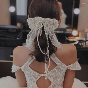 Tocados Embridery Lace Long Pearl Tassle Fringe Bow Barrettes Beautiful Party Girls Hair Wear Accesorios de boda