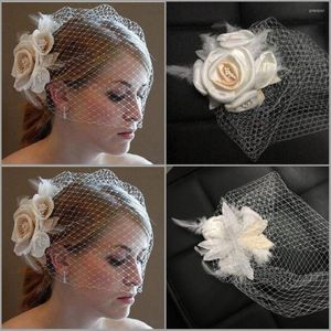 Coiffes Mode Mariage Champagne Ivoire Fleurs Blanches Plume Cage À Oiseaux Voile De Mariée Mariages Cheveux Pièces Banquet Accessoires