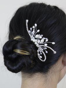 Tocados Plata Cadena de diamantes de imitación Peine para el cabello Perlas Joyería floral Hoja Accesorios de boda para fiesta Mujer