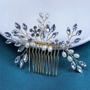 Tocados Peine para el cabello de boda Tocado de novia con perlas Adorno de diamantes de imitación Lado para mujeres y niñas (Oro)