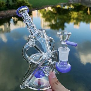 Embriagador Bongs de vidrio Reciclador Bong Único Verde Púrpura Sidecar Cachimbas Tuberías de agua Cabezal de ducha Perc Percolador Aceite Dab Rigs 14 mm Junta con tazón