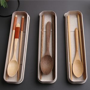 Baguettes en bois ou en bambou de Style japonais sain cuillère vaisselle couverts ensemble de couverts de voyage en plein air avec boîte