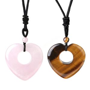 Colliers avec pendentifs en cristaux de cœur, Quartz, véritable pierre naturelle, corde enroulée, améthystes roses, pierres précieuses de guérison