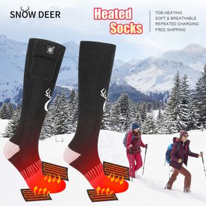 Chaussettes chauffantes SNOW DEER rechargeables électriques pour hommes et femmes, ski, équitation en plein air, camping, randonnée, hiver chaud, avec batterie