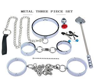 Ensemble de bondage en acier inoxydable lourd avec menottes, collier de cou, fouet, fessée pour jeu de rôle d'esclave de retenue Bdsm, jeux pour adultes, jouets sexuels Y5020779