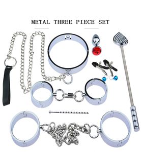 Ensemble de bondage en acier inoxydable lourd avec menottes, collier de cou, fouet, fessée pour jeu de rôle d'esclave de retenue Bdsm, jeux pour adultes, jouets sexuels Y9359940