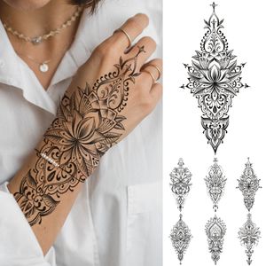 Henna dibujado a mano tótem transferencia impermeable tatuaje temporal pegatina mujeres hombres Mandala Mehndi Lotus encaje línea cuerpo arte falso tatuaje