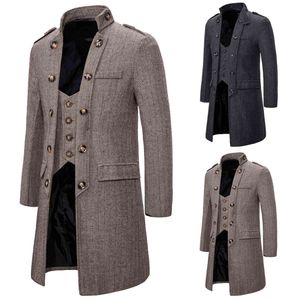 Herringbone Trench Coat Hommes Faux Deux Pièces Longue Veste Hommes Casual Slim Chaud Vintage Rétro Pardessus Surdimensionné Coupe-Vent Manteaux 210524