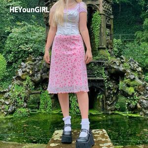 HEYounGIRL imprimé fleuri rose taille haute jupe mi-longue Y2K Patchwork maille une ligne jupes courtes femmes été décontracté Kawaii mode Y0824