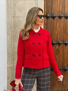 HH TRAF automne femme Chic rouge recadrée revers veste mode mélange laine Double boutonnage à manches longues manteau femmes vêtements d'extérieur élégants 240112