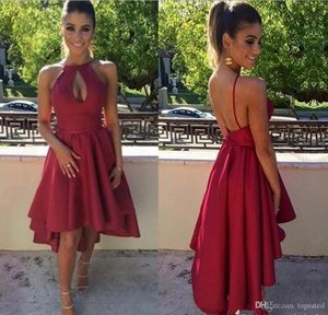 Hi-lo, oscuro, barato, rojo, fiesta de graduación, una línea, cuello halter, sin espalda, longitud del té, vestidos de cola, dulces 16, vestidos de fiesta formales