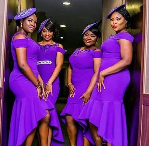 Vestidos de damas de honor morados de sirena de Hi-Lo Nigeriano Nigeriano Cuella de satén Satinada de satén Mira de honor vestidos formales