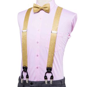 Hi-Tie Luxury Designer for Men Wedding Vintage Fashion Gold Floral Suspender and Bow Tie 6 Clips Bretelles 35mm