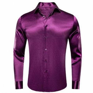 Salut-cravate luxe plaine soie hommes Dr chemises Lg manches pur violet rouge solide costume chemise décontracté formel pour mariage Busin cadeau O13P #