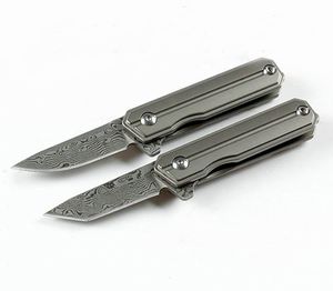 Mini cuchillo plegable de alta gama con rodamiento de bolas pequeño de Damasco VG10 hoja de punto de caída de acero de Damasco TC4 mango de aleación de titanio