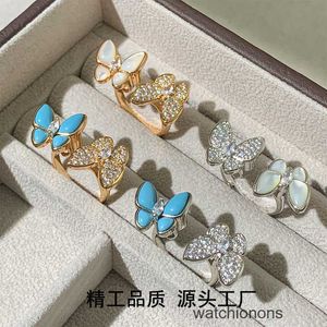 Anneau de luxe haut de gamme Fanjia V Gold Precision Edition Ring Butterfly Fritillaria double diamant complet Blue Turquoise Light Fil