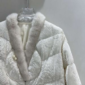 Chaqueta de piel cálida de Jacquard con cuello en V para mujer, plumón de ganso blanco con cuello de visón chino, estilo de gama alta, 3552