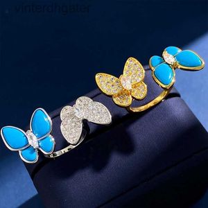 Haut de gamme de créateurs de marque Vancefe pour les femmes Version coréenne de Light Luxury Turquoise Butterfly Full Diamond Open Ring Blue Senior Brand Logo Designer Bijoux