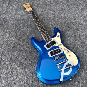 Guitarra eléctrica de acero inoxidable de alta calidad, azul brillante, con vibrato, con la mano izquierda, mástil a través del cuerpo, personalizada por la fábrica china