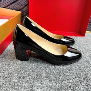 Zapatos de tacón alto para mujer Sandalias de diseñador Punta redonda con parte inferior roja brillante Charol negro Tacones gruesos poco profundos Zapatos de boda con bolsa para el polvo 35-43