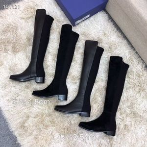 Tacón alto Largo Otoño Invierno Tacón grueso Zapatos de mujer Cremallera de cuero real Botas elásticas de gamuza negra Zapato de diseñador Tacones por encima de la rodilla Bota de gran tamaño