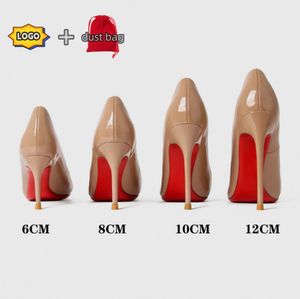 Diseñador de tacones altos para fondos rojos brillantes Dedos en punta 6 cm 8 cm 10 cm 12 cm Tacones finos Zapatos de vestir de charol negro para mujer con bolsa para polvo 35-45