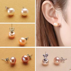 Haute qualité 100% 925 Sterling Silver 6-7MM Perles Rondes Boucles D'oreilles 3 couleurs blanc Rose Violet Perle D'eau Douce bijoux Pas Cher en gros