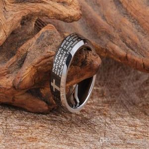 Anillo de carburo de tungsteno negro de 8MM de ancho de alta calidad para hombre, anillos a la moda con Cruz bíblica para hombre, joyería de boda de tamaño estadounidense NRR01256j