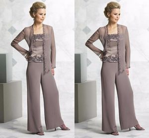 High Quality Beaded Mother Of The Bride Pant Suits With Jackets Square Neck Wedding Guest Dress Plus Size Chiffon Mothers Groom Dresses